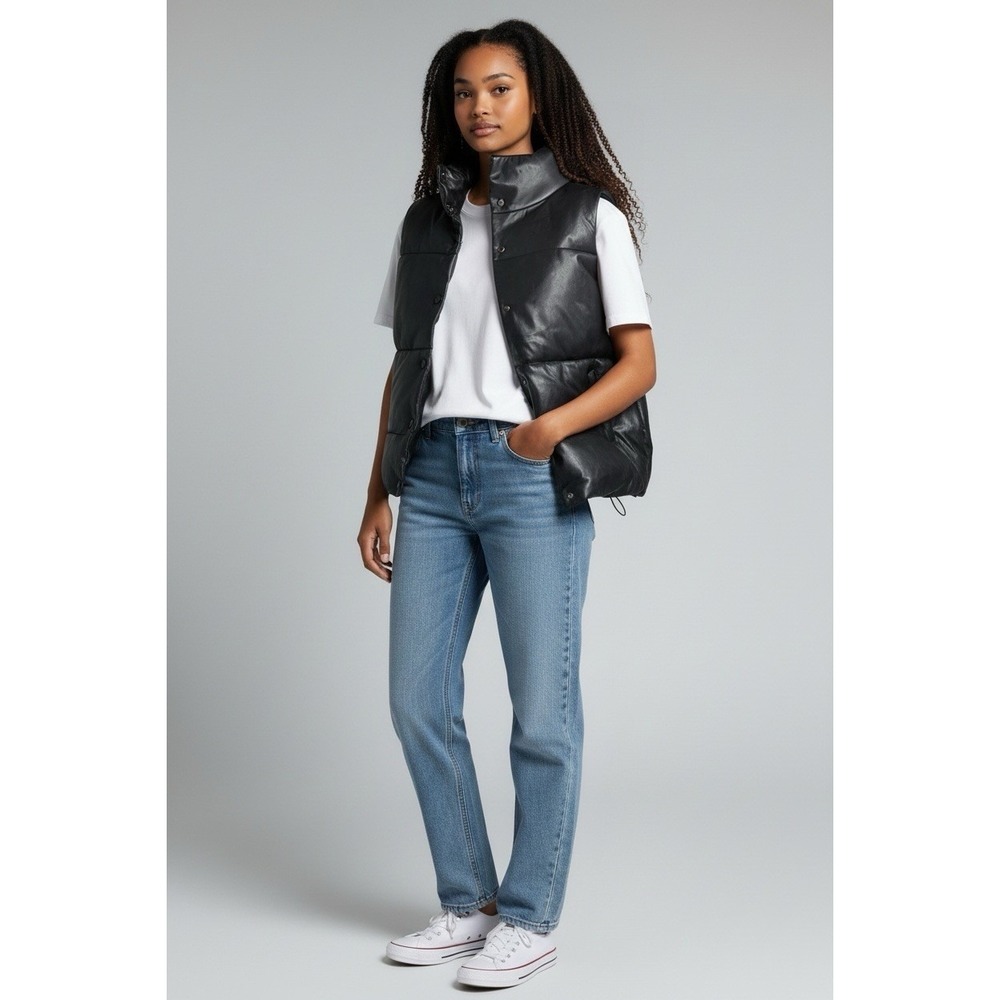 ZARA Women's Small Black Faux Leather Puffer Vest High Collar Snap Front